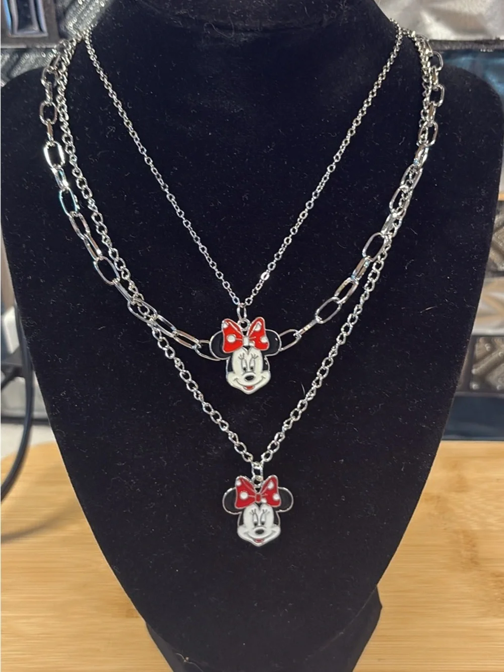 Layered Silver Necklace with Red Bow Minnie-Style Pendants - Women Jewelry